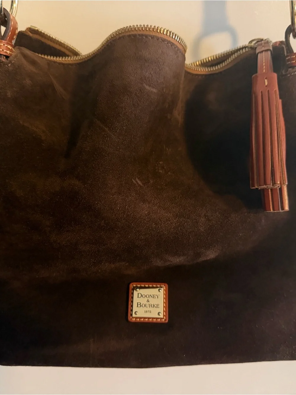 Dooney & Bourke Dark Brown Suede Shoulder Bag with Tassel - Picture 2 of 3